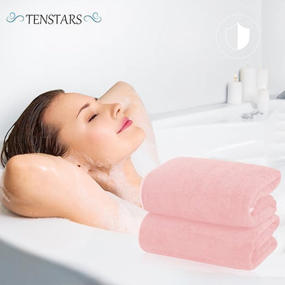 TENSTARS Silk Hemming Bath Towels for Bathroom Clearance - 27 x 55 inches - Light Thin Quick Drying - Soft Microfiber Absorbent Towel for Bath Fitness, Sports, Yoga, Travel, Gym - 2 Pack, Pink