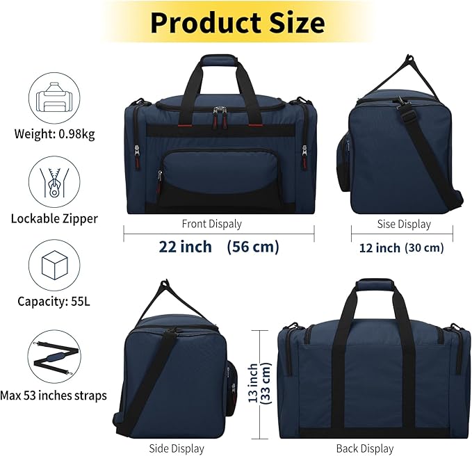 Gym Bag 22 inch Sport Duffle Bag for Men - 55L Weekender Duffel Bag for Travel 22“×12”×13“ - Navy Blue