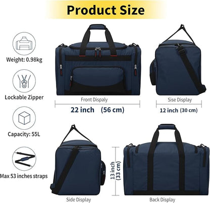 Gym Bag 22 inch Sport Duffle Bag for Men - 55L Weekender Duffel Bag for Travel 22“×12”×13“ - Navy Blue