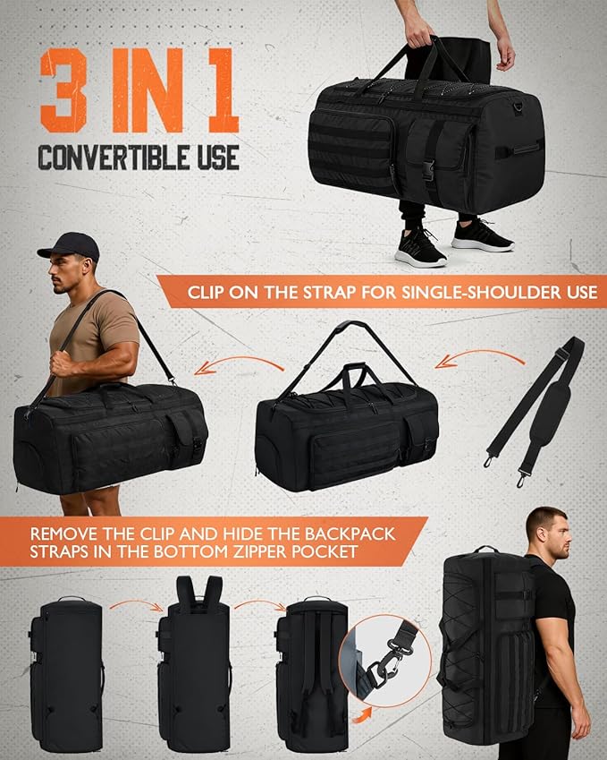 Gonex 90L Large Duffel Bag for Men, Heavy Duty 3 in 1 Convertible Carry Travel Sports Duffle, with Tactical Loops, Shoe Compartment(Black)