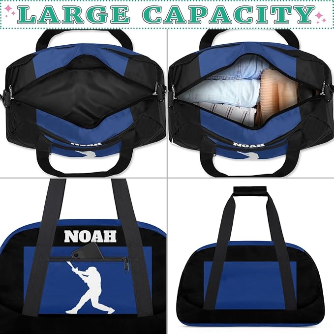 Personalized Sports Training Bag for Boys, Custom Name Baseball Carry On Weekender Gymnastics Gym Bag for Men Travel Business Trip, Playing Baseball Silhouette Blue and Black Background