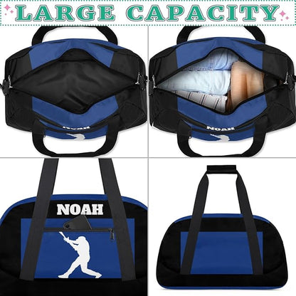 Personalized Sports Training Bag for Boys, Custom Name Baseball Carry On Weekender Gymnastics Gym Bag for Men Travel Business Trip, Playing Baseball Silhouette Blue and Black Background