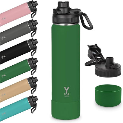 Y TOP 24oz Insulated Water Bottle Leak Proof Spout Lid Fits in Car Cup Holder – Double Wall Dishwasher Safe Easy Clean stainless steel drinking water bottle for Gym Kids Sports Travel Hiking School