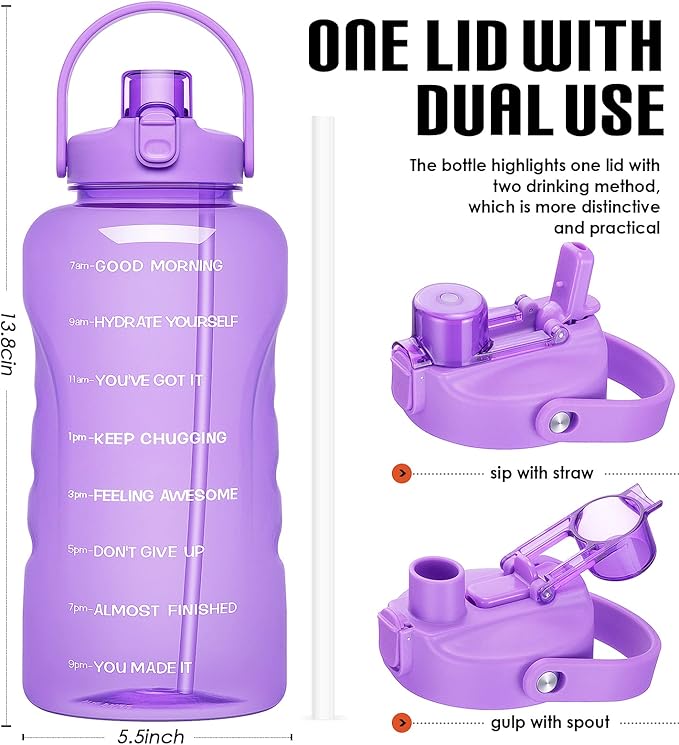 HydroPal 1 Gallon Water Bottles with Straw, 128 oz Water Bottle BPA Free Innovative 2-IN-1 Lid Gym Bottle with Times to Drink Motivational, Large for Sports Fitness Camping Water Jug （13.8X5.5 inch）