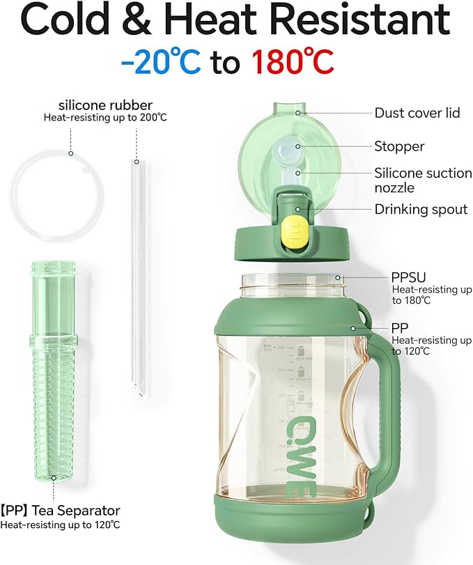QWE Gym Plastic PPSU Water Bottles for men with Straw and Handle,Lightweight,54oz Large High-capacity for Hiking&Camping,Heat-resisting,Reusable, BPA Free,Double Drinking,leak proof(Green)