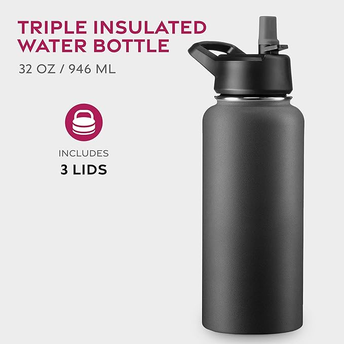 FineDine Triple Walled, Insulated Water Bottles with Straw - 32 Oz Stainless Steel Metal Bottle W/ 3 Leak Proof Lids - For Travel, School, Sports, Gym/Men, Women & Kids - Inky Raven Black
