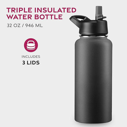 FineDine Triple Walled, Insulated Water Bottles with Straw - 32 Oz Stainless Steel Metal Bottle W/ 3 Leak Proof Lids - For Travel, School, Sports, Gym/Men, Women & Kids - Inky Raven Black