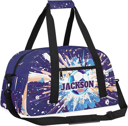 Personalized Soccer Gym Duffel Bags for Kids Boys with Custom Name Sport Training Travel Bags for Overnight Weekender, Purple