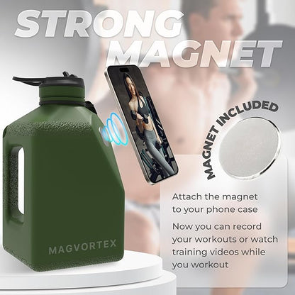 Magvortex Water Bottle 91oz, 2.7 liters BPA-Free Plastic, Magnetic Phone Holder, Wide Mouth, Leakproof Flip-Top Lid, Large Daily Intake Chug Bottle for Hydration, Gym, Hiking & Daily Use