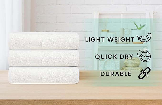 ZUPERIA White Bath Towels Bulk 12 Pack (20 x 40 Inches) - 100% Cotton Economy Light Weight Towels for Commercial Use - Quick Dry, Ultra-Soft, and Absorbent Bulk Towels