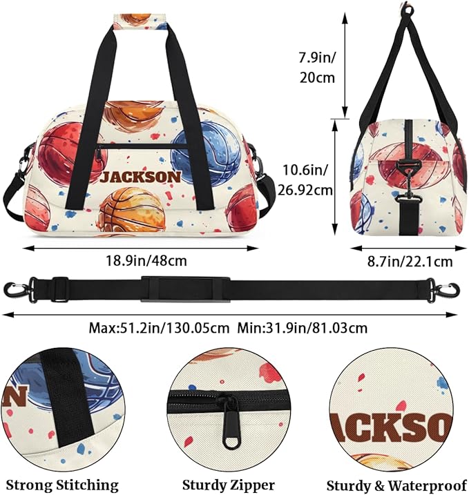 Personalized Basketball Gym Duffel Bags for Kids Boys, Custom Name Sport Training Travel Bags for Overnight Weekender, Beige