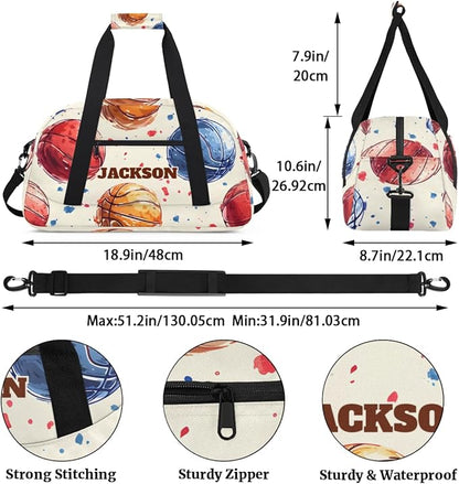Personalized Basketball Gym Duffel Bags for Kids Boys, Custom Name Sport Training Travel Bags for Overnight Weekender, Beige
