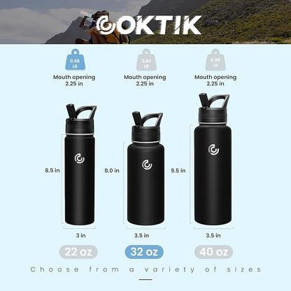 COKTIK 32oz Sports Water Bottle, Stainless Steel Water Bottle for Insulated, Reusable Travel Bottle, With Straw, With Handle Grip for Easy Carrying, Suitable for Cycling, Outdoor Vacations(Black)