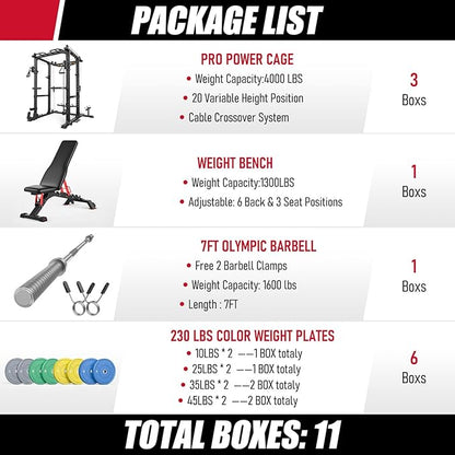 Sportsroyals Squat Rack, LAT Power Cage, Power Rack Multi-Function with Pulley System and Training Attachments for Home Gym