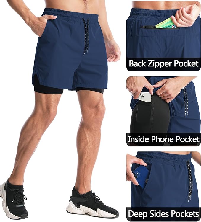 Aolesy Men's 2 in 1 Running Shorts 5" Workout Gym Athletic Shorts for Men Quick Dry Lightweight Training Shorts with Pockets