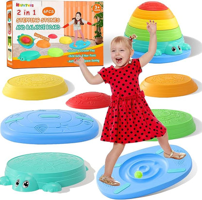 Balance Board & Stepping Stones for Kids - 2-in-1 No-Slip Turtle Stepping Stones and Balance Board for Toddler Balance & Obstacle Course, for 3 4 5 6 Year Old Kid Indoor & Outdoor Play