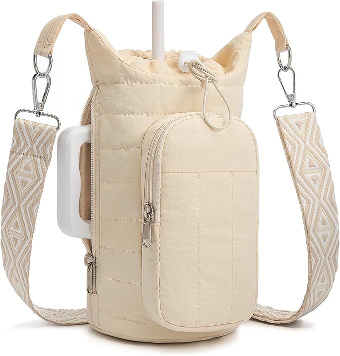 WOOMADA Water Bottle Holder Bag with Strap, 40/32 oz Crossbody Bag Gym Accessories, Sling Purses for Women(Beige)