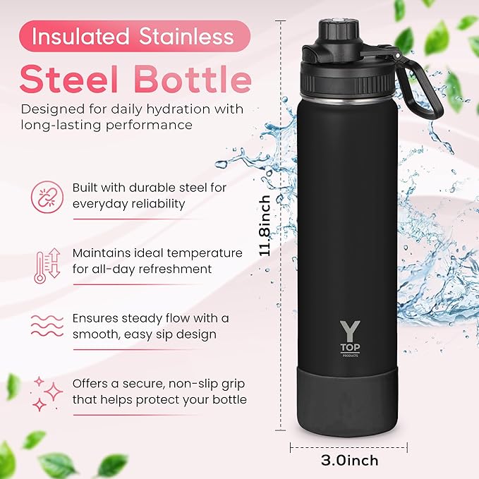 Y TOP 24oz Insulated Water Bottle Leak Proof Spout Lid Fits in Car Cup Holder – Double Wall Dishwasher Safe Easy Clean stainless steel drinking water bottle for Gym Kids Sports Travel Hiking School