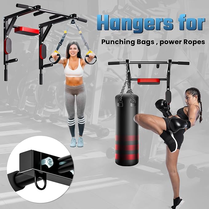 Wall Mounted Pull Up Bar Dip Station, Heavy Duty Chin Up bar Multifunctional Dip Station for Indoor Home Gym Workout, Wall Punching Power Tower Set Fitness Equipment, Supports to 440Lbs