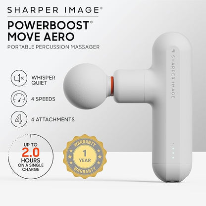 Sharper Image Powerboost Move Aero 3.0 – Mini Percussion Massage Gun| Updated Soft-Touch Design, Carrying Bag, 4 Nodes| Portable Full Body Back & Shoulder Massager| Deep Tissue Massage Tool Gift