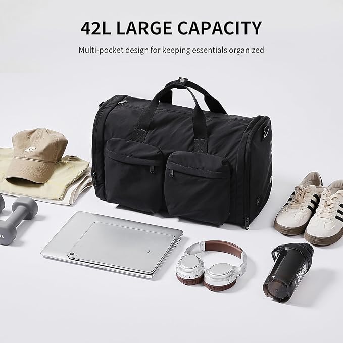 Aji Foldable Travel Duffel Bag for Women with Shoes Compartment, 3 in 1 Carry on Gym Bag with Removable Dry Wet Bag, Lightweight&Water Resistant Duffel Bag for Travel,Sports&Workout, Ink Black