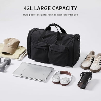 Aji Foldable Travel Duffel Bag for Women with Shoes Compartment, 3 in 1 Carry on Gym Bag with Removable Dry Wet Bag, Lightweight&Water Resistant Duffel Bag for Travel,Sports&Workout, Ink Black