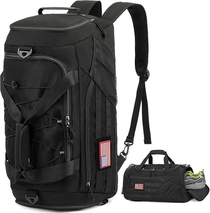 3-in-1 Tactical Gym & Travel Duffle Bag Backpack Men Multi-Functional 45L Military Sports Duffle Bag with Shoe Compartment & Wet Pocket for Workout Weekender Overnight Bag with Molle Webbing, Black