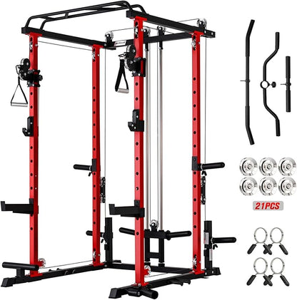 RitFit Multi-Function Garage & Home Gym Package Includes 1200LBS Power Cage PPC03/P3 with Cable Crossover System, Weight Bench, Olympic Barbell Weight Set, Full Body Workout
