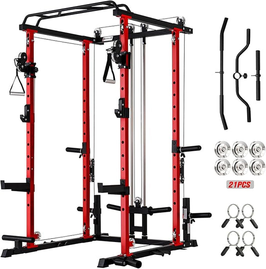 RitFit Multi-Function Garage & Home Gym Package Includes 1200LBS Power Cage PPC03/P3 with Cable Crossover System, Weight Bench, Olympic Barbell Weight Set, Full Body Workout