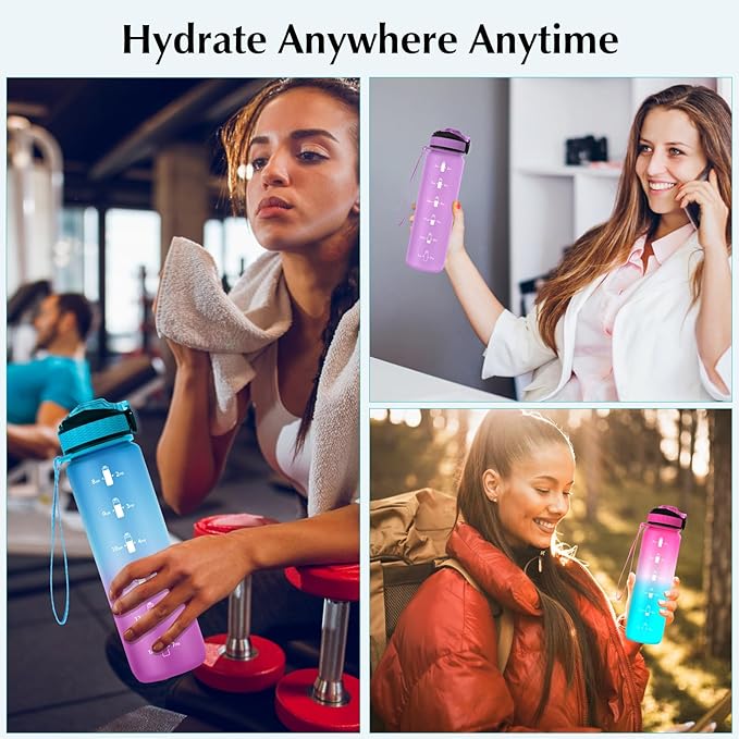EYQ 32 oz Water Bottle with Time Marker, Carry Strap, Leak-Proof Tritan BPA-Free, Ensure You Drink Enough Water for Fitness, Gym, Camping, Outdoor Sports