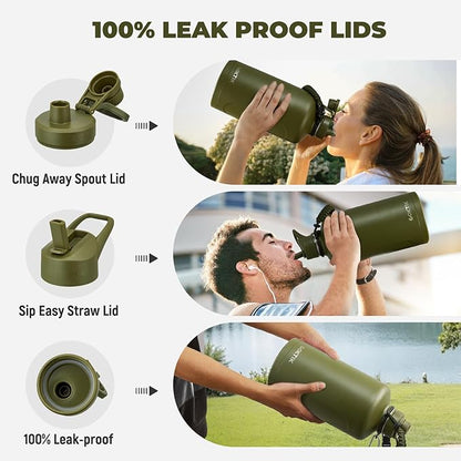 COKTIK 128oz Insulated Water Bottle - Stainless Steel Vacuum Metal, Portable 1 Gallon Large-Capacity Sports Bottle with Straw, Carry Bag and Handle Strap, Ideal for Gym & Hiking(Army Green)