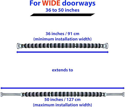 Maximiza Plus Pull Up Bar V2 – Wide Doorway Pullup Bar/Chinup Bar with 3 Sets of Screw-in Door-Mounts – Only for Doors Wider Than 36 Inches (Adjustable Width 36 to 50 Inches)