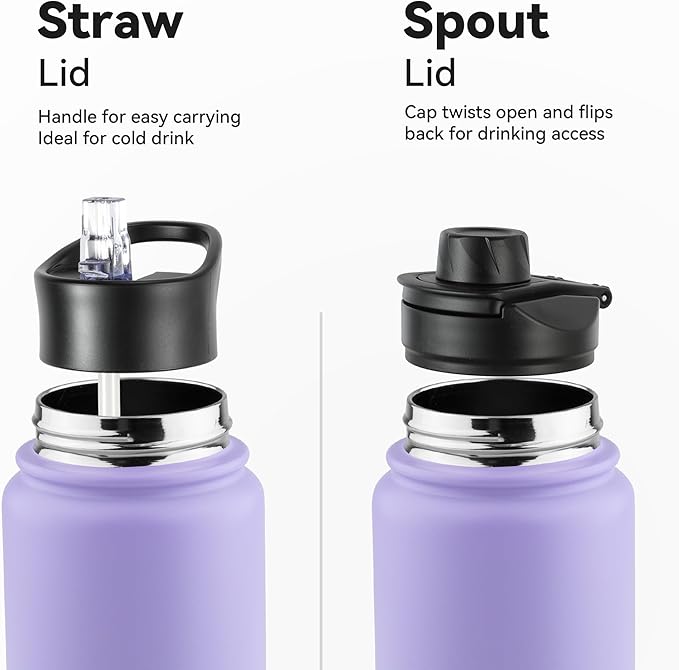24oz Insulated Water Bottle with Straw Lid, Stainless Steel Metal Water Bottle with Straw & Wide Mouth Lid, Double Wall Vacuum Water Bottle for Hiking Camping, Lavender 1 Pack