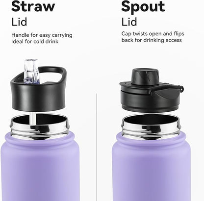 24oz Insulated Water Bottle with Straw Lid, Stainless Steel Metal Water Bottle with Straw & Wide Mouth Lid, Double Wall Vacuum Water Bottle for Hiking Camping, Lavender 1 Pack