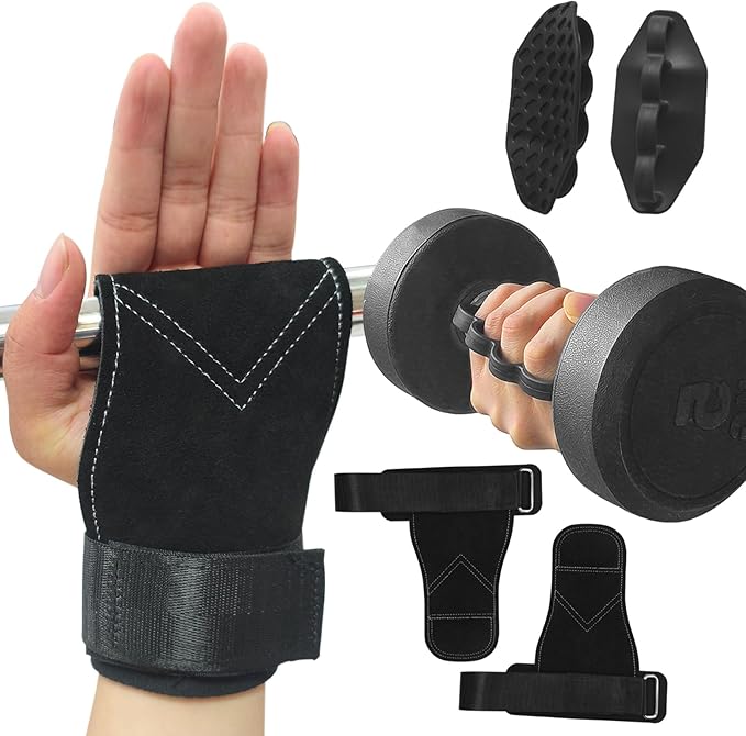 Weight Lifting Wrist Strap& Weight Lifting Grips ，Leather Weightlifting Wrist ，Rubber Gym Grips Pads Straps for Deadlifts, Heavy Powerlifting Strength Training, Gym Workouts Men/Women