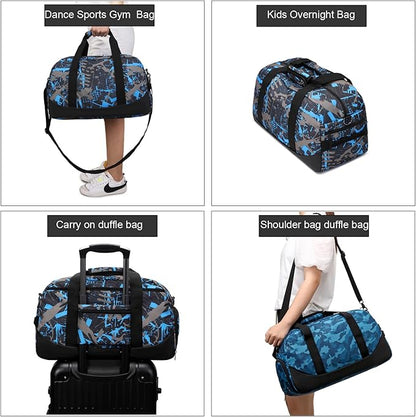 Octsky Sports Duffel Bag Gym Bag with Shoe Compartment Small Travel Overnight Bag Weekender Bag (Blue-Graffiti)