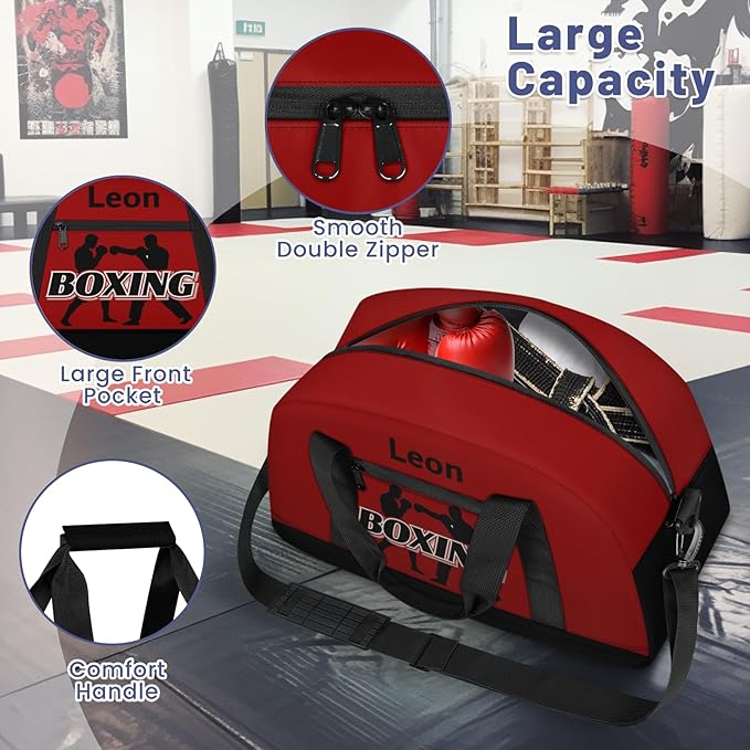 Custom Name Taekwondo Karate Duffle Bag for kids Boy Girls - Personalized Martial Arts Gear Bag, Water-Resistant Sparring Equipment Bag, Boxing Red Black