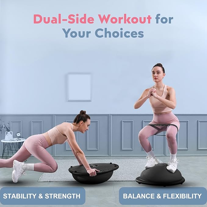 Half Balance Ball Trainer, Inflatable 19/23 Inch Half Exercise Ball with Resistance Bands and Pilates Ball, Non-Slip 660lbs Capacity Yoga Ball for Home Gym Full Body Workouts