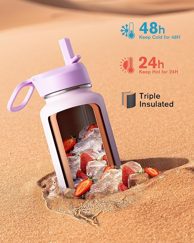 Coolflask Water Bottle 40 oz Insulated with Straw, Stainless Steel Metal 3 Lids Water Flask for Sports or Office, Keep Cold 48H Hot 24H, Pink