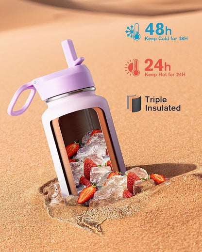 Coolflask Water Bottle 40 oz Insulated with Straw, Stainless Steel Metal 3 Lids Water Flask for Sports or Office, Keep Cold 48H Hot 24H, Pink