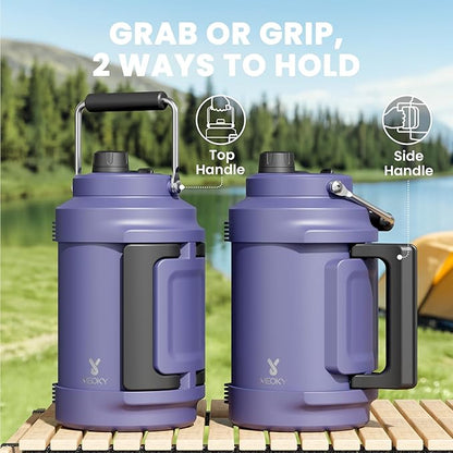 1 Gallon Insulated Water Bottle for Sports: Meoky 128 oz Triple Wall Vacuum Stainless Steel Water Jug - Top and Side Handles, Cold for 48 Hrs, 2-in-1 Straw and Spout Lid, Leak Proof for Hiking (Navy)