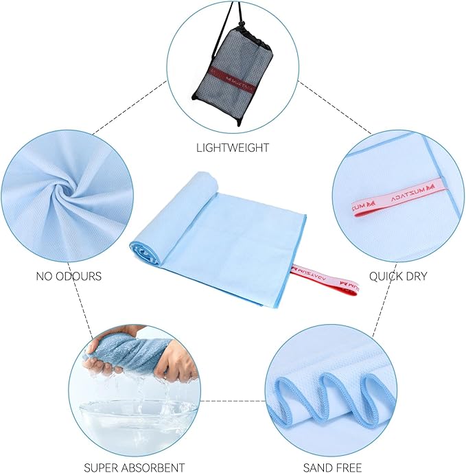 Microfiber Towel Large for Beach, Travel, Swimming, Bath, Pool–Quick Dry, Ultra Compact, Sand Free, Lightweight & Super Absorbent(Light Blue,60x30 in)