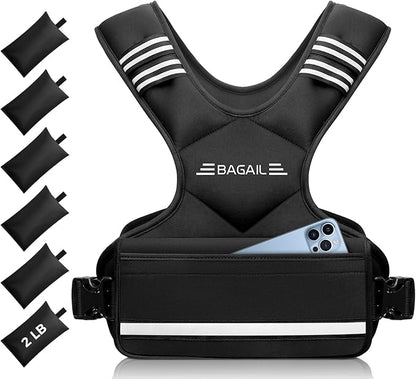 BAGAIL Adjustable Weighted Vest 4-10lb/12-18lb/20-32lb, Comfortable X-Shape & U-Neck Weight Vest for Women and Men Walking with 6 Removable Weights, Large Pocket and Reflective Strips