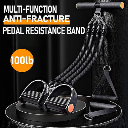 Upgrade Foot Pedal Resistance Band, 100lbs Adjustable 4 Tube Pedal Ankle Puller Resistance Band with Handle, Multifunction Home Gym Equipment, Stirrup Puller for Men Women for Full Body Workout