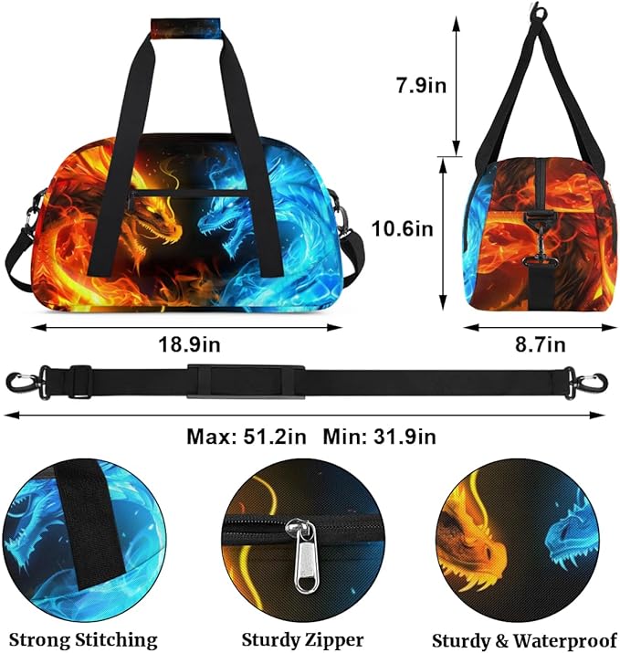 Dragon Fire Water Kids Duffel Bag for Boys, Sports Gym Bag Overnight Travel Weekender Bag Lightweight Carry On Sleepovers Bag for School Practice Gymnastics