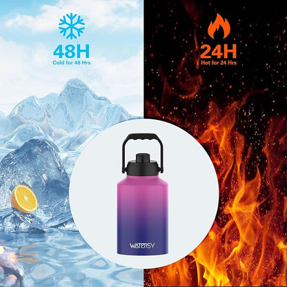 WATERSY Half Gallon Water Bottle Insulated(Cold for 48 Hrs),BPA Free&Leak Proof,64oz Stainless Steel Water Jug/Flask,Big thermo,Large Water Bottle with Handle for Gym,Hiking,Camping,Gradient Purple