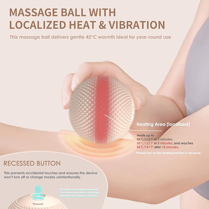 Heating Vibrating Massage Ball with 7 Modes & Memory Function for Myofascial Release, Deep Tissue and Trigger Point Muscle Therapy - Targets Back, Hip, Leg, Neck & Foot (Beige)