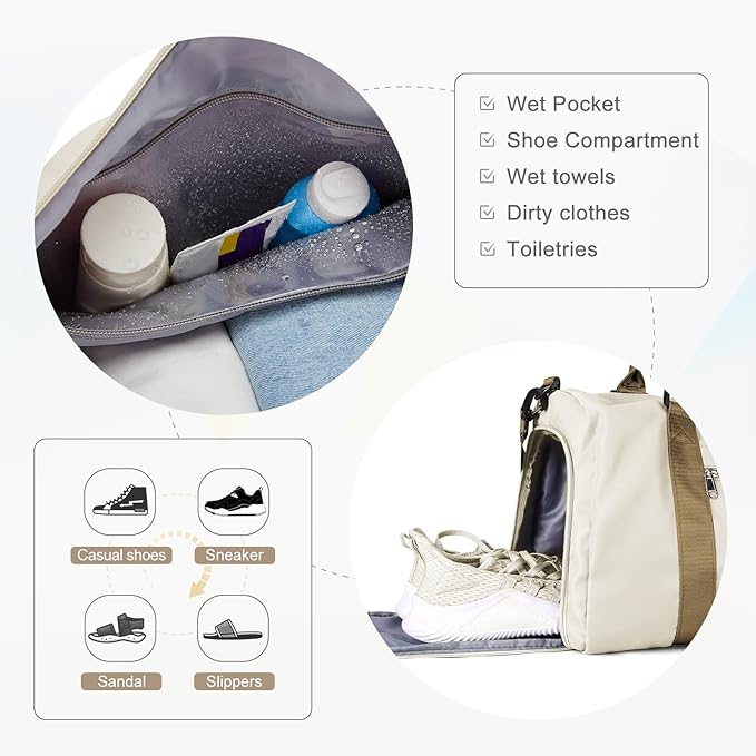 Gym Bag for Women Men with Shoes Compartment,Sports Duffle Bag Personal item travel Duffel Bags Tote Bag Small Carry on Weekender Overnight Bag Workout Dance Bag Hospital Holdalls Beige Brown