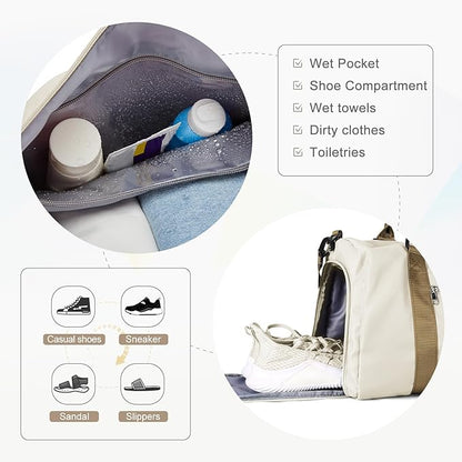 Gym Bag for Women Men with Shoes Compartment,Sports Duffle Bag Personal item travel Duffel Bags Tote Bag Small Carry on Weekender Overnight Bag Workout Dance Bag Hospital Holdalls Beige Brown