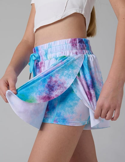 3 Pack Girls Flowy Shorts with Spandex Liner 2-in-1 Youth Butterfly Skirts for Fitness, Running, Sports